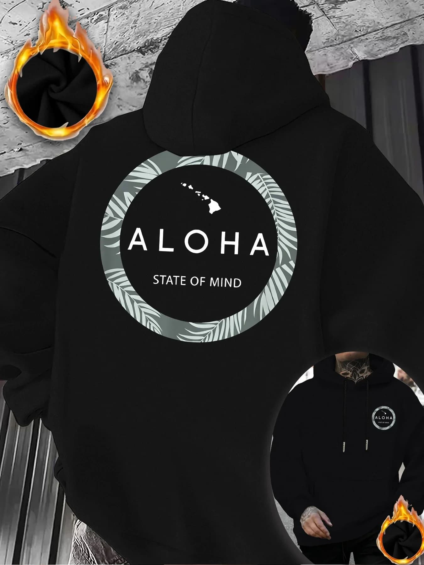 Men's Tropical Resort Hoodie, Hawaiian Island Palm Print, Fleece Lined Loose Pullover Sweatshirt for Autumn/Winter
