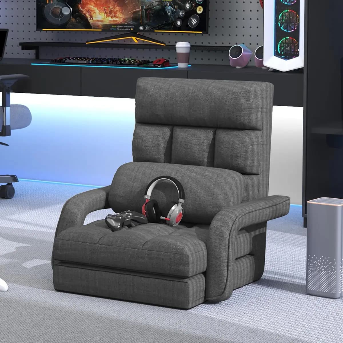 Sedia da Gaming da Pavimento, Chaise Longue Regolabile in 6 Posizioni per Adolescenti e Adulti, Imbottita e Pieghevole, Personalizzabile