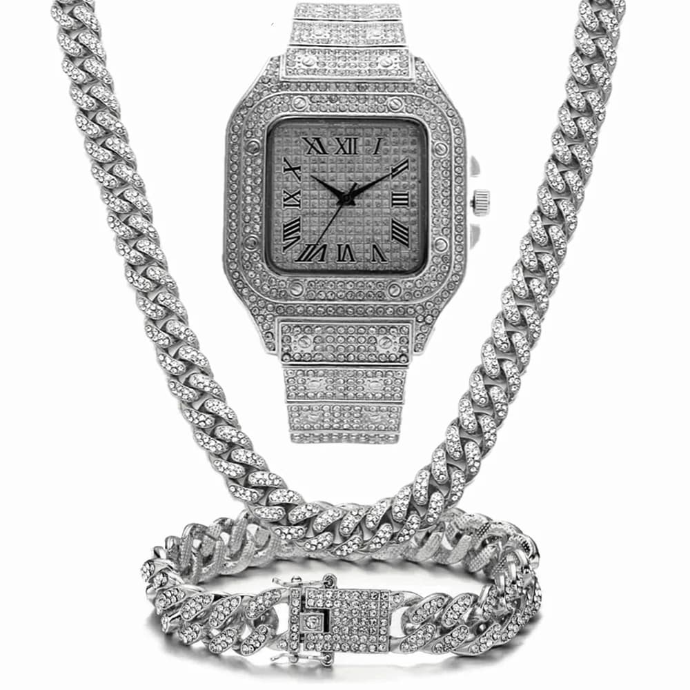 Iced Out Chain Bling Miami Cuban Link Chain Rhinestone Iced Out Watch Necklaces Bracelet Women Men Charm Jewelry Hip Hop Choker