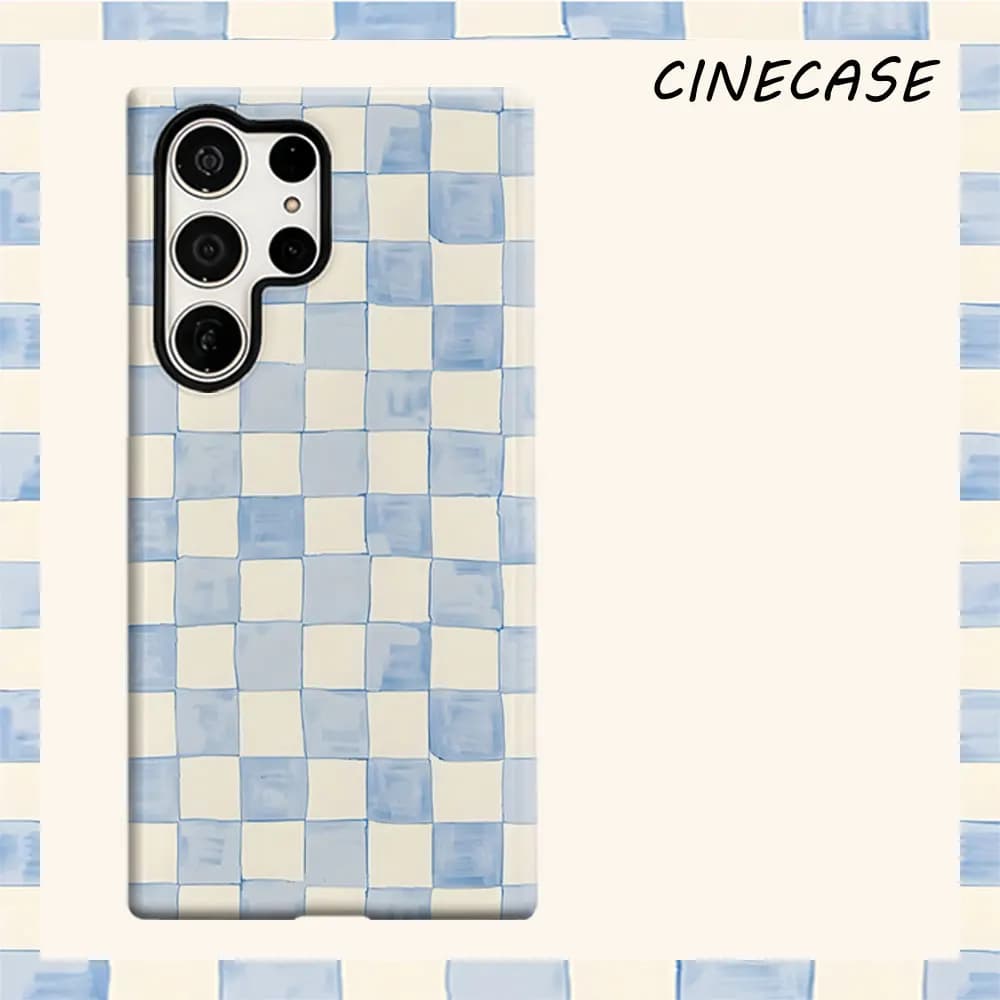 Water Blue Check Tile For Samsung Galaxy S26 S25 S24 A56 A36 Dual Layer Luxury Fashion Full Lens Protective Case