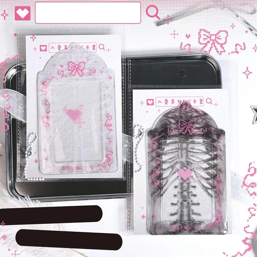 Portafoto a raggi X a costine con portachiavi Carte carine da 3 pollici Proteggi maniche Bowknot Studenti Portachiavi Accessori Porta carte