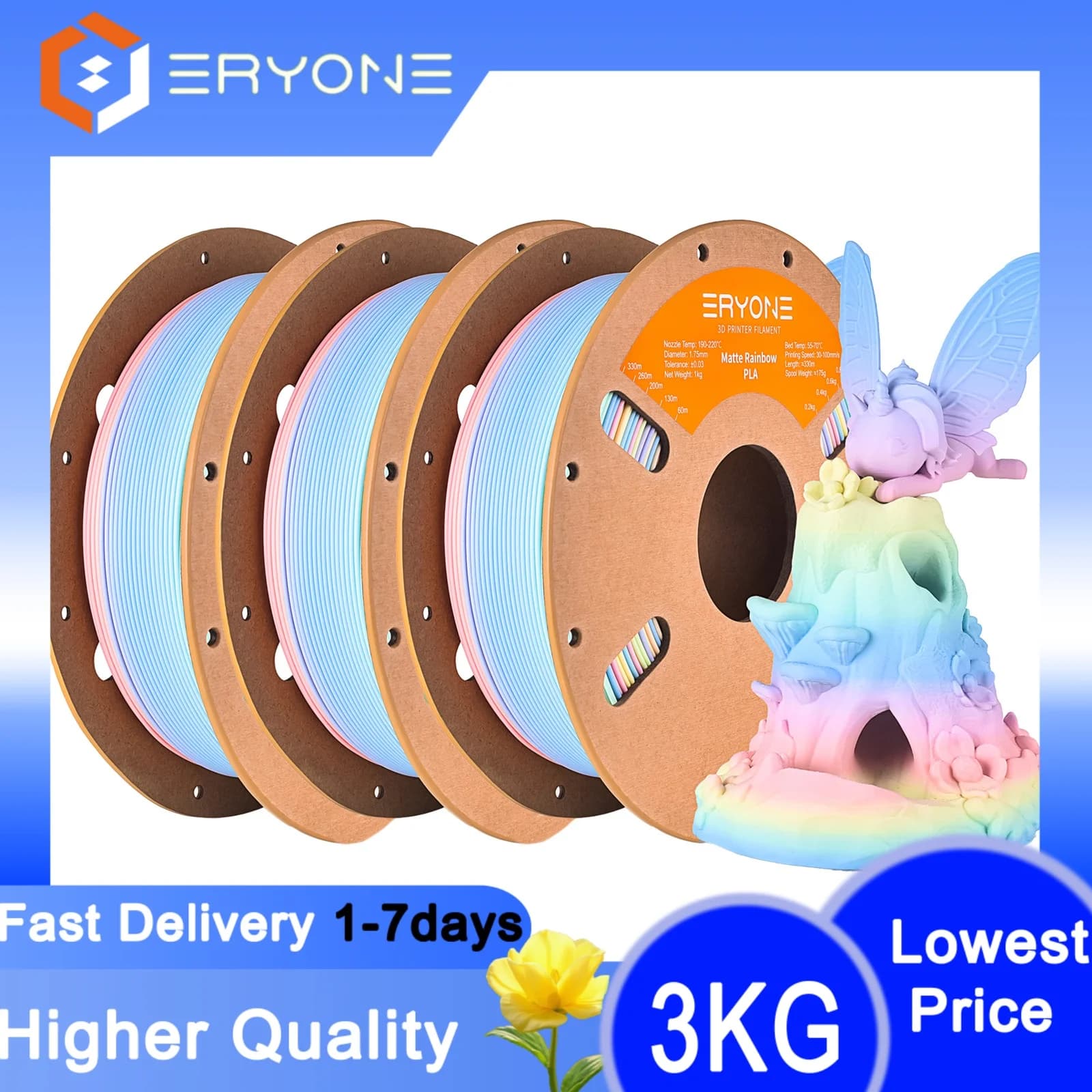 ERYONE PLA Filament Opaco Arcobaleno for 3D Printer, 3KG, 1.75 +/- 0.03mm, Multicolor Filament Opaco PLA Rainbow 3KG