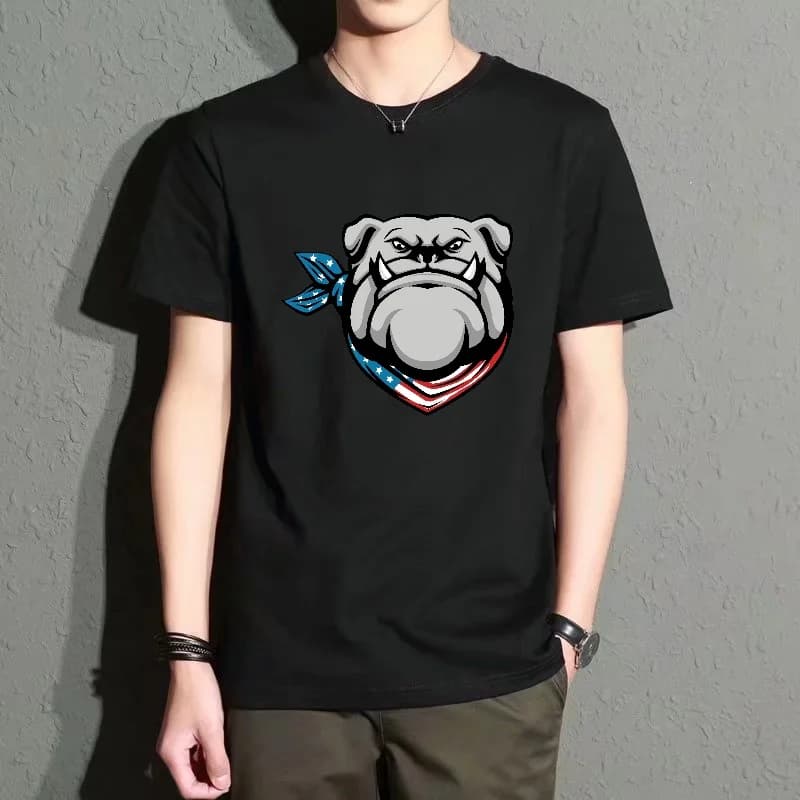 Men's Black Round-Neck Short-Sleeved T-Shirt with Bulldog Print Pattern, Street Fashion Casual Top, Versatile for Everyday Wear, Comfortable and Breathable