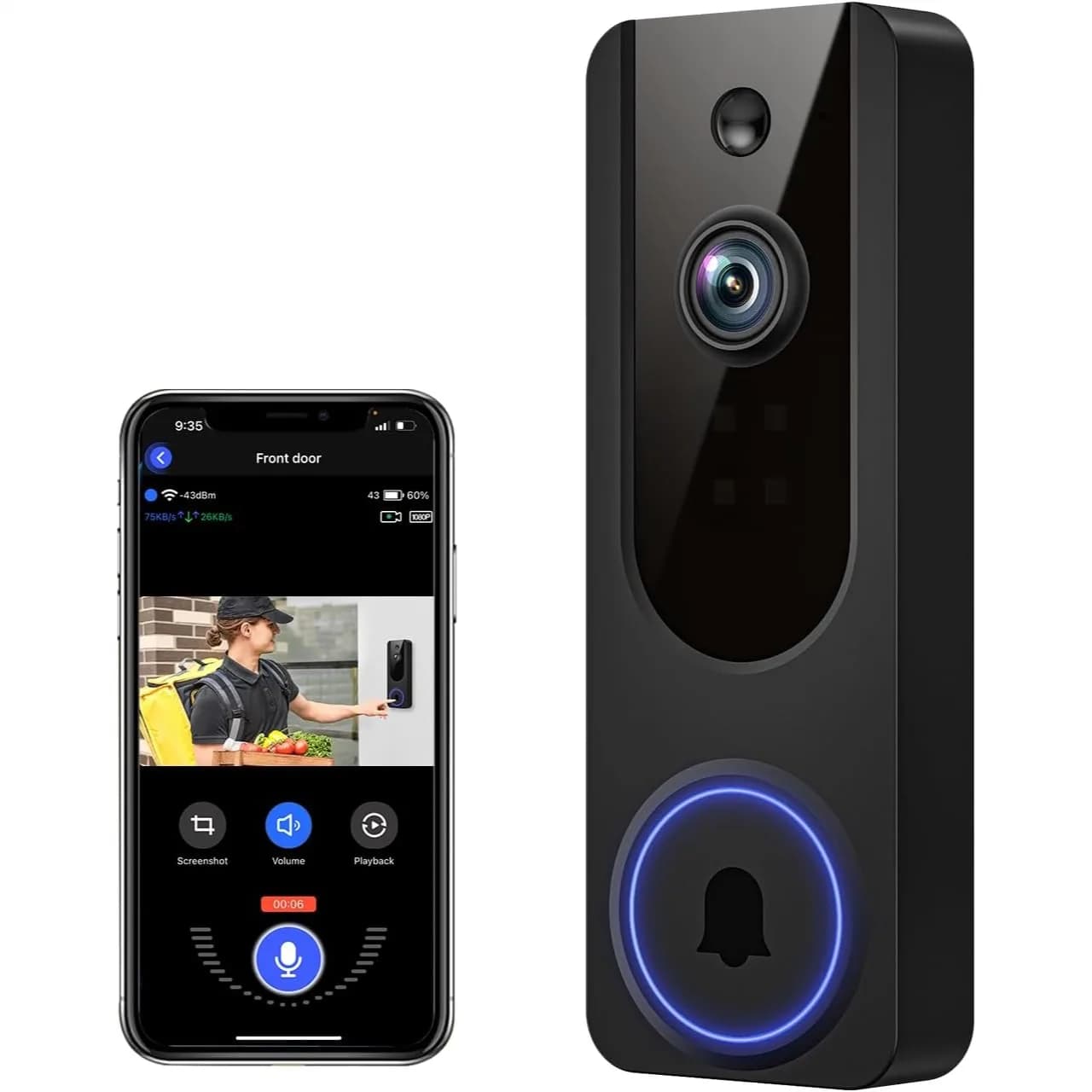 WiFi Video Doorbell Camera Wireless, Battery Powered with AI Human Detection, 2 Way Talk, Night Vision, Cloud Storage, 2.4G WiFi