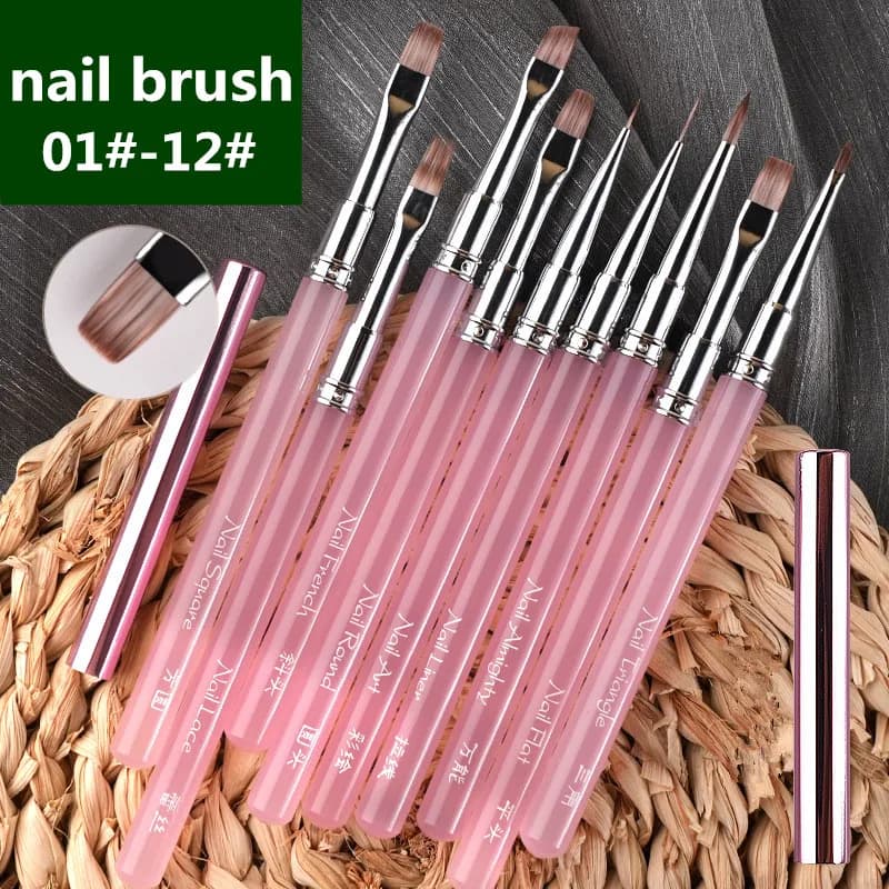 Set di 1/12 Pennelli per Nail Art con Manico in Acrilico Rosa, Penna Triangolare per Disegno e Pittura, Strumenti per Manicure Francese
