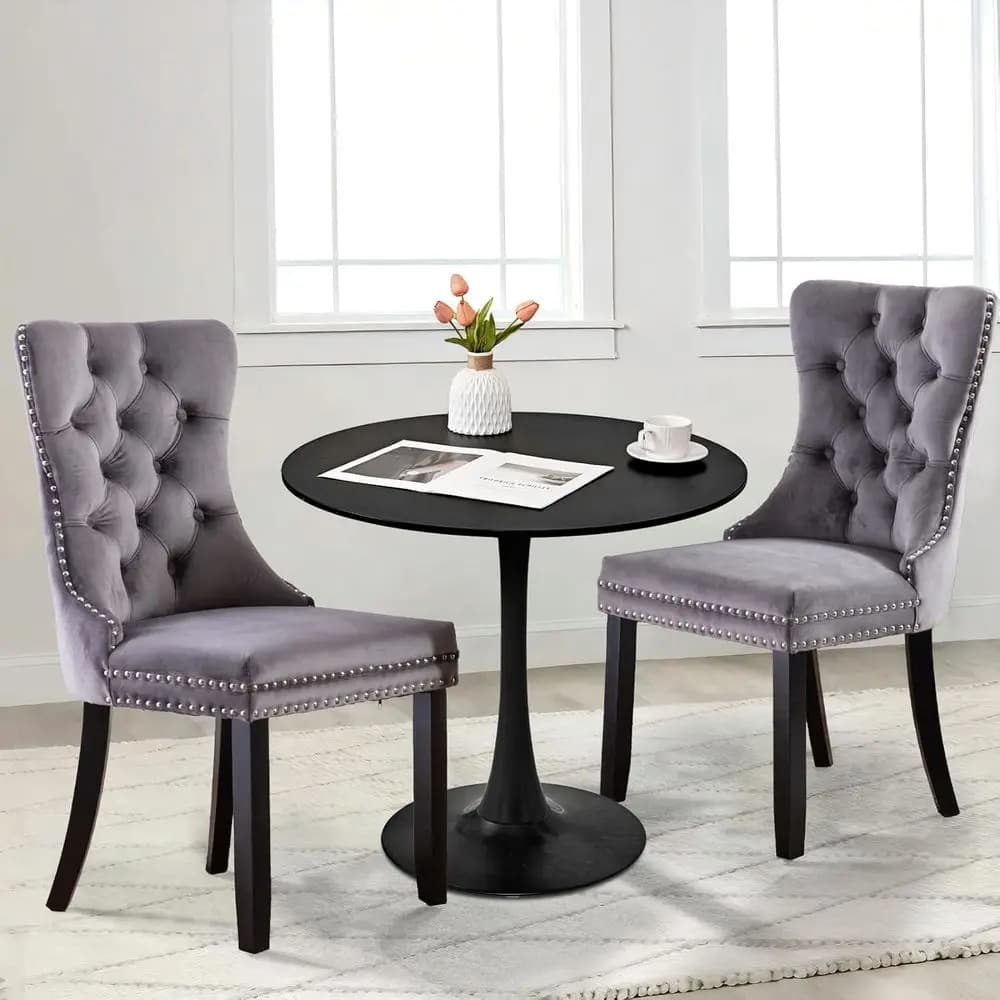 Set Tavolo da Pranzo e Sedie, Tavolo Rotondo Nero da 80 cm e 2 Sedie Imbottite in Velluto con Gambe in Legno per Cucina o Sala da Pranzo Piccola