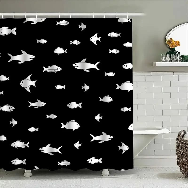 Tenda da doccia nera con decorazione da bagno con motivo a pesci bianchi per l'arredamento della casa nella cucina, nel pranzo.