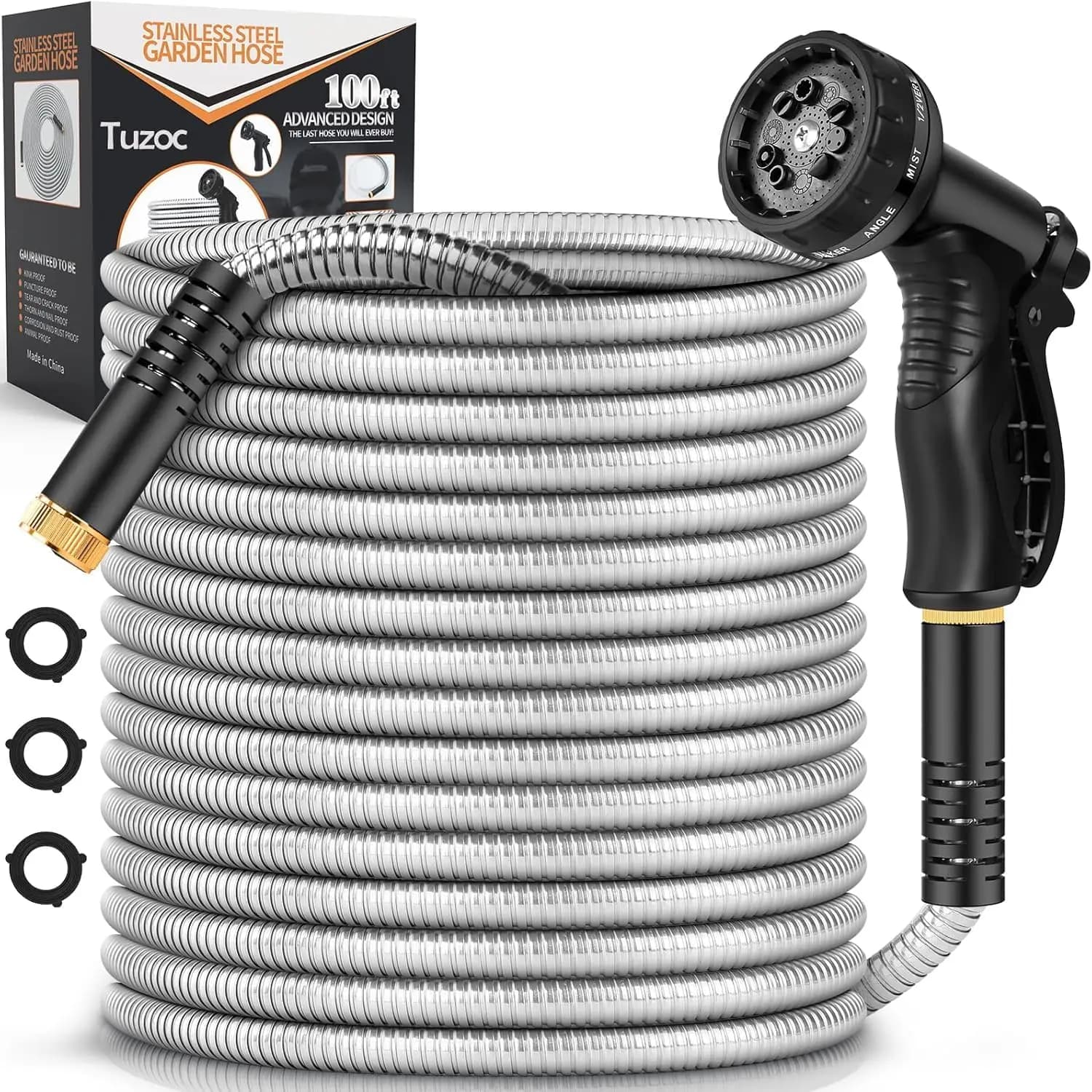 100FT Stainless Steel Heavy Duty Garden Hose with 10-Function Nozzle, No-Kink, Lightweight & Rust Proof for Yard & Outdoor
