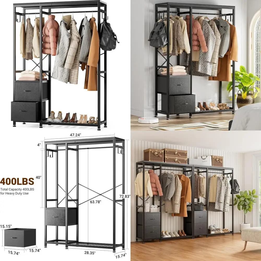 Resistant ground hanger with 2 shelves, 4 hooks and 2 rods - Self-supporting cabinet organizer in industrial style