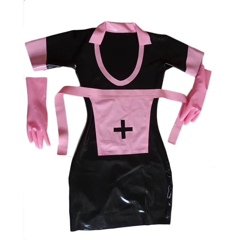 Abito da cameriera in lattice nero da donna sexy, grembiule lungo rosa monopezzo in gomma con cerniera posteriore