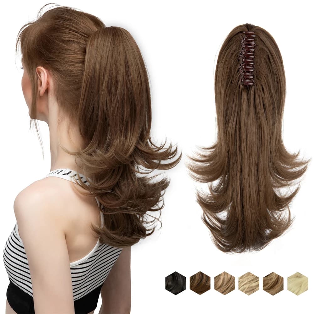 Extension per capelli sintetici a coda di cavallo con clip, ondulati, 14 pollici, biondi o neri, con elastico