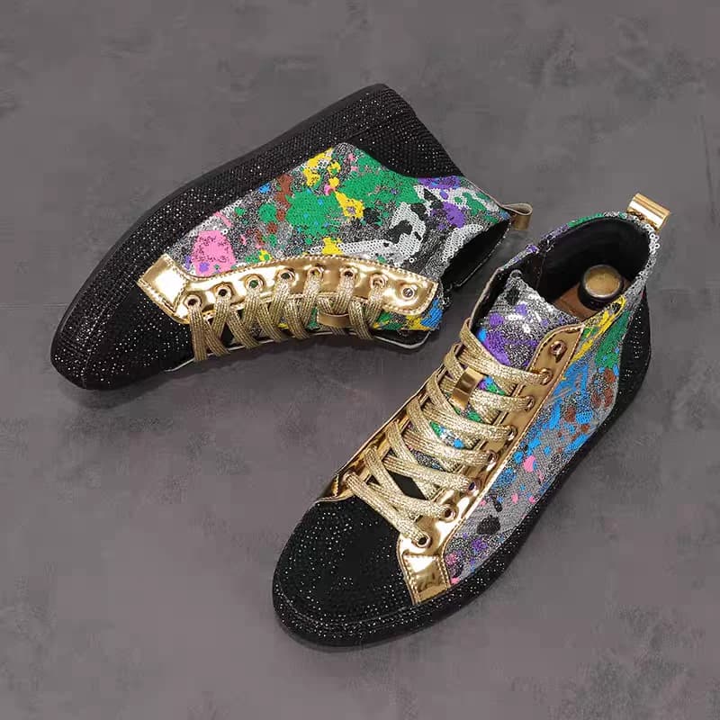 Scarpe da uomo europee alla moda con strass e paillettes, nuove scarpe alte rosse di tendenza, versione coreana traspirante, scarpe alte da skateboard.