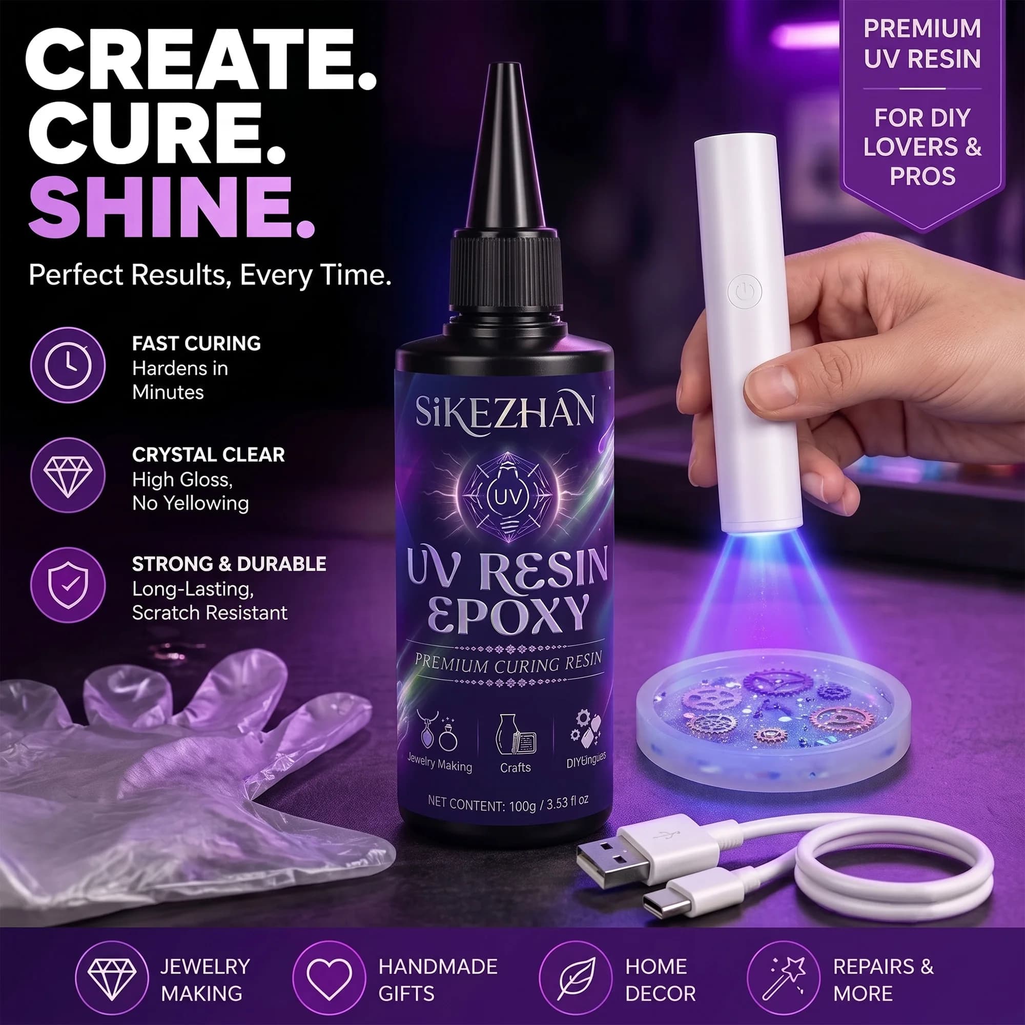 UV Glue Kit with Light, Crystal Clear Fast Curing Resin Adhesive for DIY Crafts, Jewelry Making & Glass Repair, Waterproof