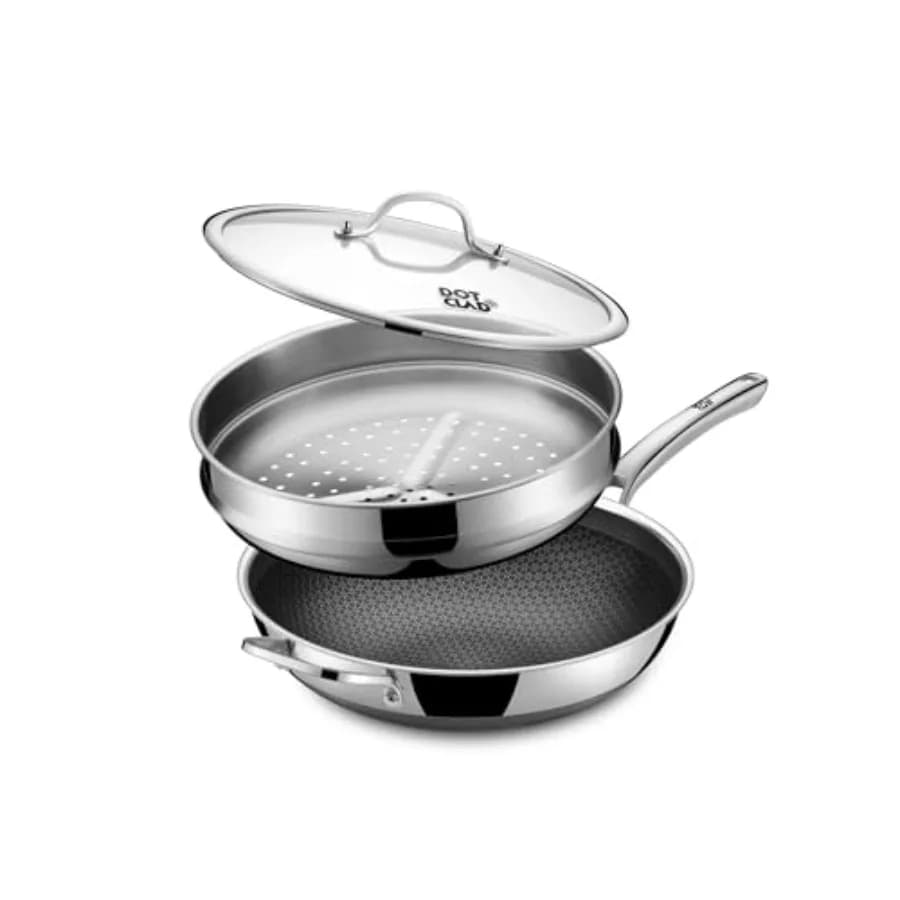 Wok ibrido in acciaio inossidabile con coperchio e cestello per cottura a vapore, padella antiaderente per stir-fry, senza PFOA, adatta a induzione, lavabile in lavastoviglie e utilizzabile in forno.