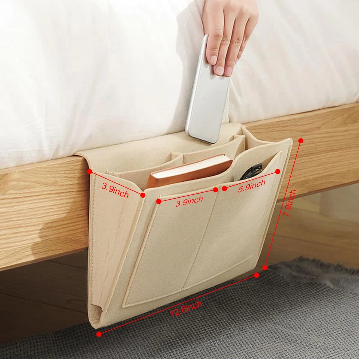 5 pockets felt nightstand organizer, bed/bed pockets for tablet/phone/book/magazine