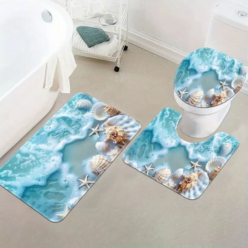 Set Tappetini da Bagno con Motivo Onde Oceaniche e Conchiglie Tropicali, Tappeto Antiscivolo per Vasca e WC, Decorazione Casa, Idea Regalo
