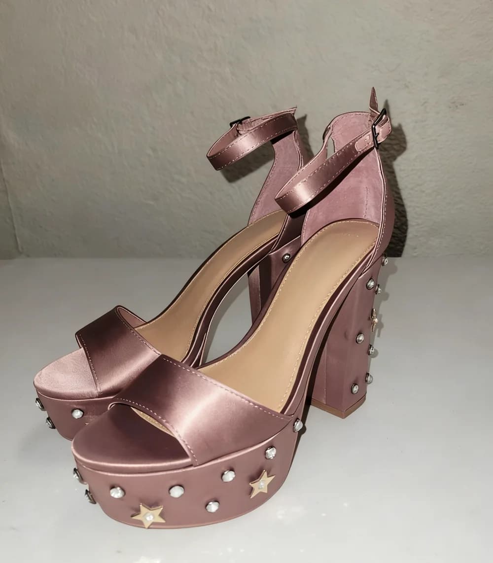 Antique Pink Leather Platform Sandals, Star Crystal Decorations, Big Heel, Caviglia Strap, Open-Toe Design, Sweet Style