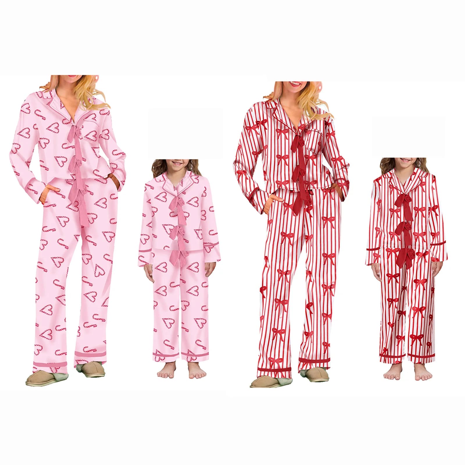 Mommy and Me Matching 2 pezzi pigiama con stampa fiocco/cuore set cravatta sul davanti manica lunga bavero collo top + pantaloni indumenti da notte coordinati per la famiglia