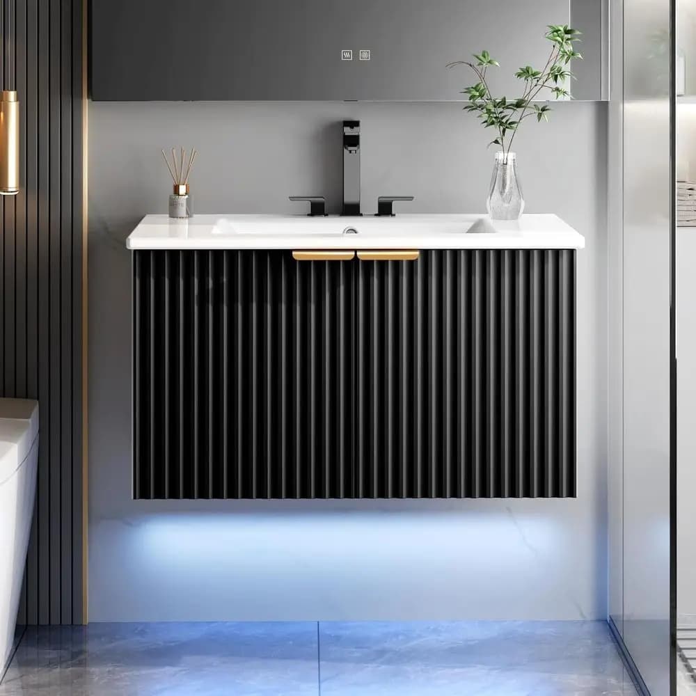 30 Inch Wall-Mounted Floating Vanity Cabinet with LED-Illuminated Sink, Metal Handles, and Soft-Close Drawers in Black