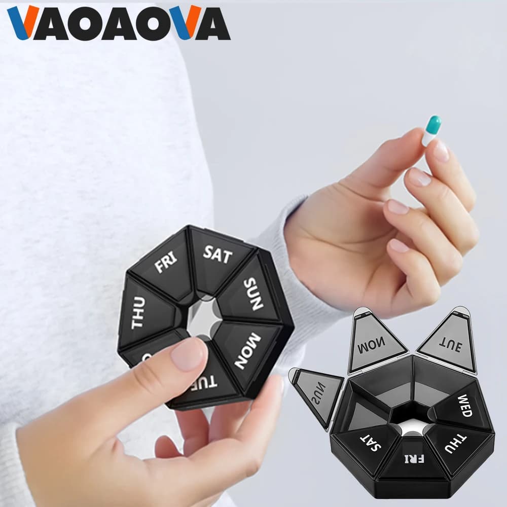 Custodia per medicinali con dispenser per pillole da viaggio portatile da 1 pezzo, contenitore per promemoria giornaliero con scatola di immagazzinaggio rotonda da viaggio a 7 parti