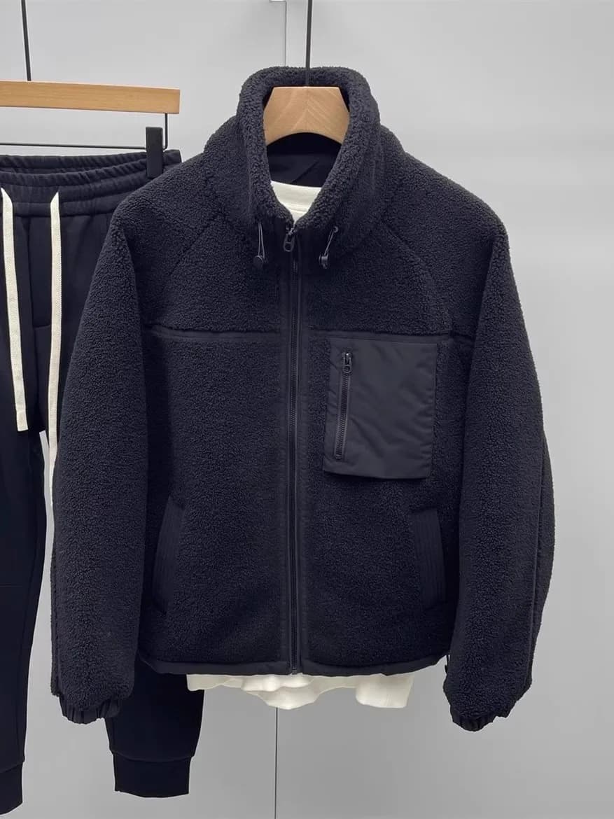 Lamb Fur Collar Jacket Men's Winter Thickened Casual Particle Fleece Warm Zipper Decorated Relaxed Fit Youth Popular Outerwear