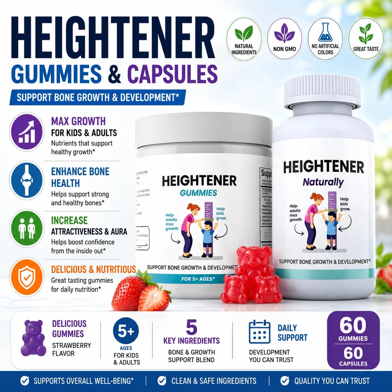 Gommose per il Supporto Osseo per Bambini, Adolescenti e Adulti, Gusto Fragola, Integratore di Calcio e Vitamina D, 60 Pezzi, Nutrizione Quotidiana Masticabile