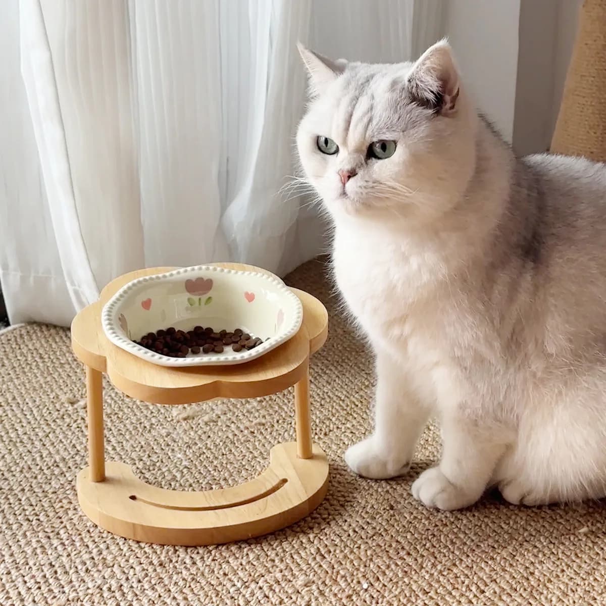 Flower Shaped Ceramic Pet Bowl with Wooden Stand Tilted Raised Cat Food Water Bowl Neck Protection Feeder for Cats Small Dogs