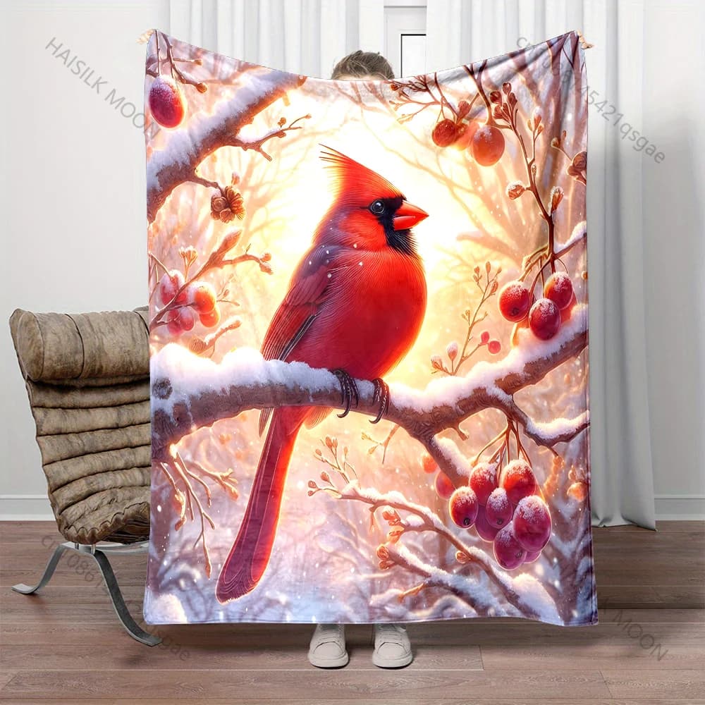 Coperta con motivo cardinale rosso su ramo innevato Materiale in flanella Morbido caldo per tutte le stagioni, campeggio domestico all'aperto Picnic RV