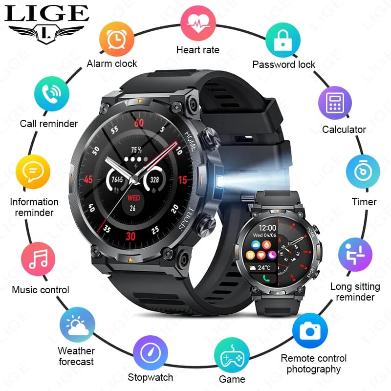 Orologio da uomo FOXBOX con monitoraggio della salute del sonno, smartwatch sportivo con torcia, chiamate Bluetooth, impermeabile per Android e iOS