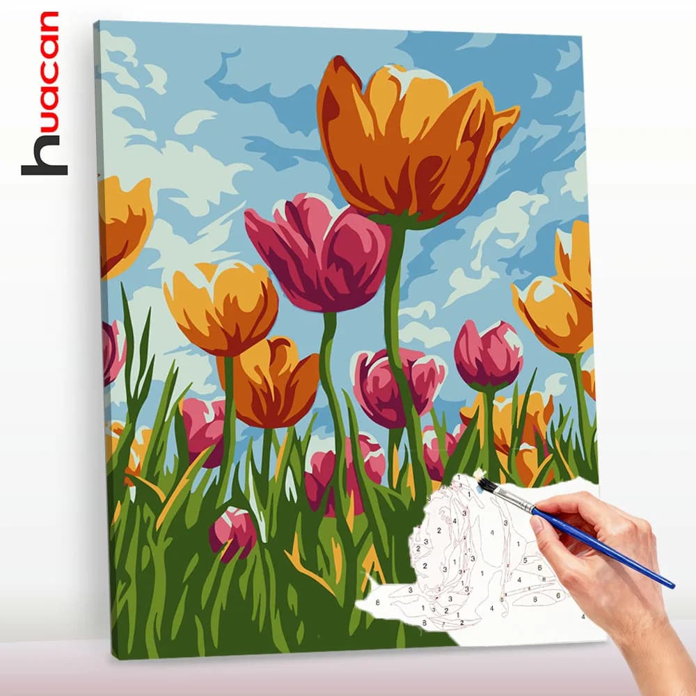 Huacan DIY Digital Oil Painting Tulip Oil Painting By Numbers Flower Paint By Number Kit For Adults Handpainted Gift
