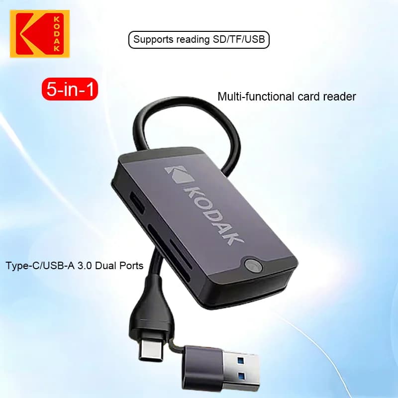 Hub Lettore di Schede Multifunzione Kodak Cinque-in-Uno T320, Lettore di Schede SD/TF con USB 3.0, USB 2.0, Interfaccia Type-C Mini SD