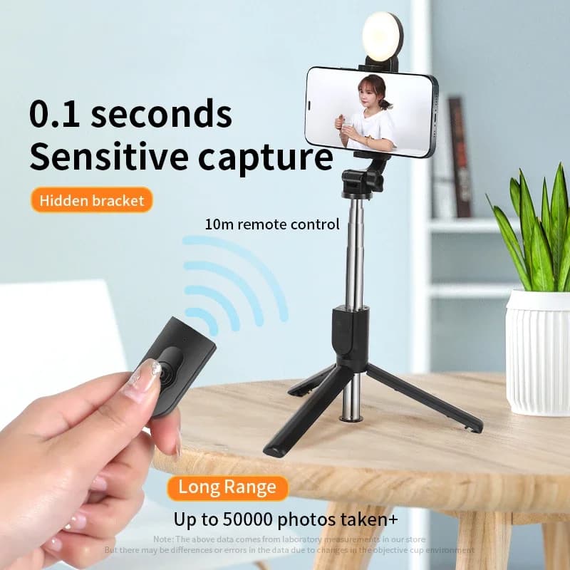 Supporto per telefono treppiede 2 in 1 Mini Selfie Stick con luce di riempimento per IPhone 15 Pro supporto remoto Wireless Bluetooth universale