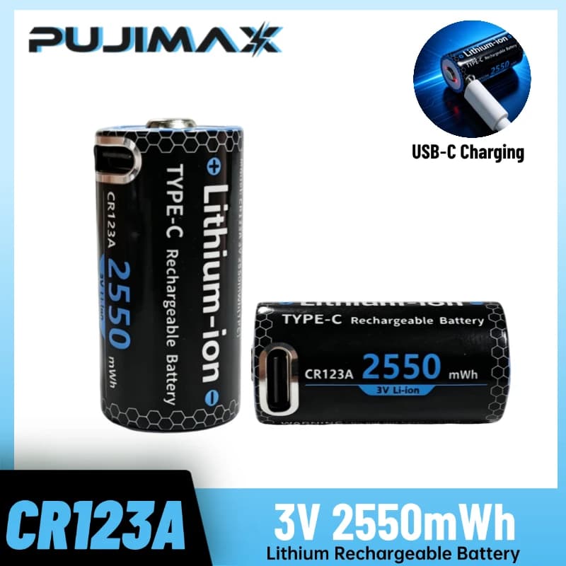 PUJIMAX CR123A USB‑C Rechargeable Battery 3V 2550mWh Lithium Battery For Security Camera Tactical Light Smoke Detector