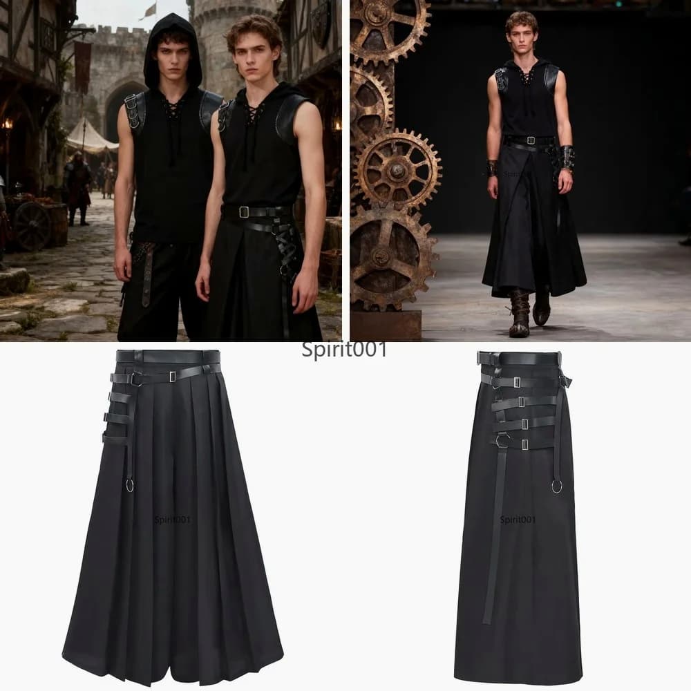 Men Gothic Punk Asymmetrical Half Skirt Cosplay Rock Festival Halloween Party Black Trousers Pantalon Hombre