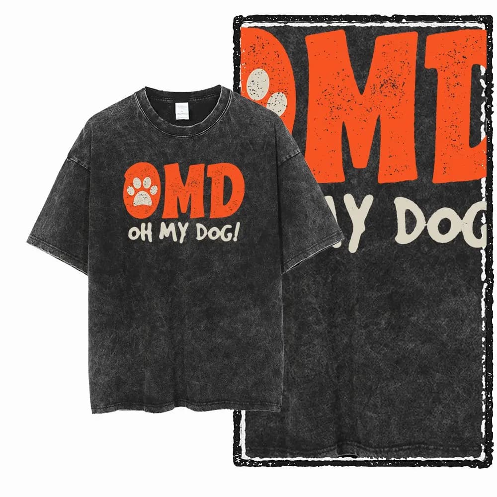 T-shirt da uomo stampata con cane 100% cotone esclusivo streetwear G64 | T-shirt da uomo con scollo a O vintage di grandi dimensioni lavata con acido