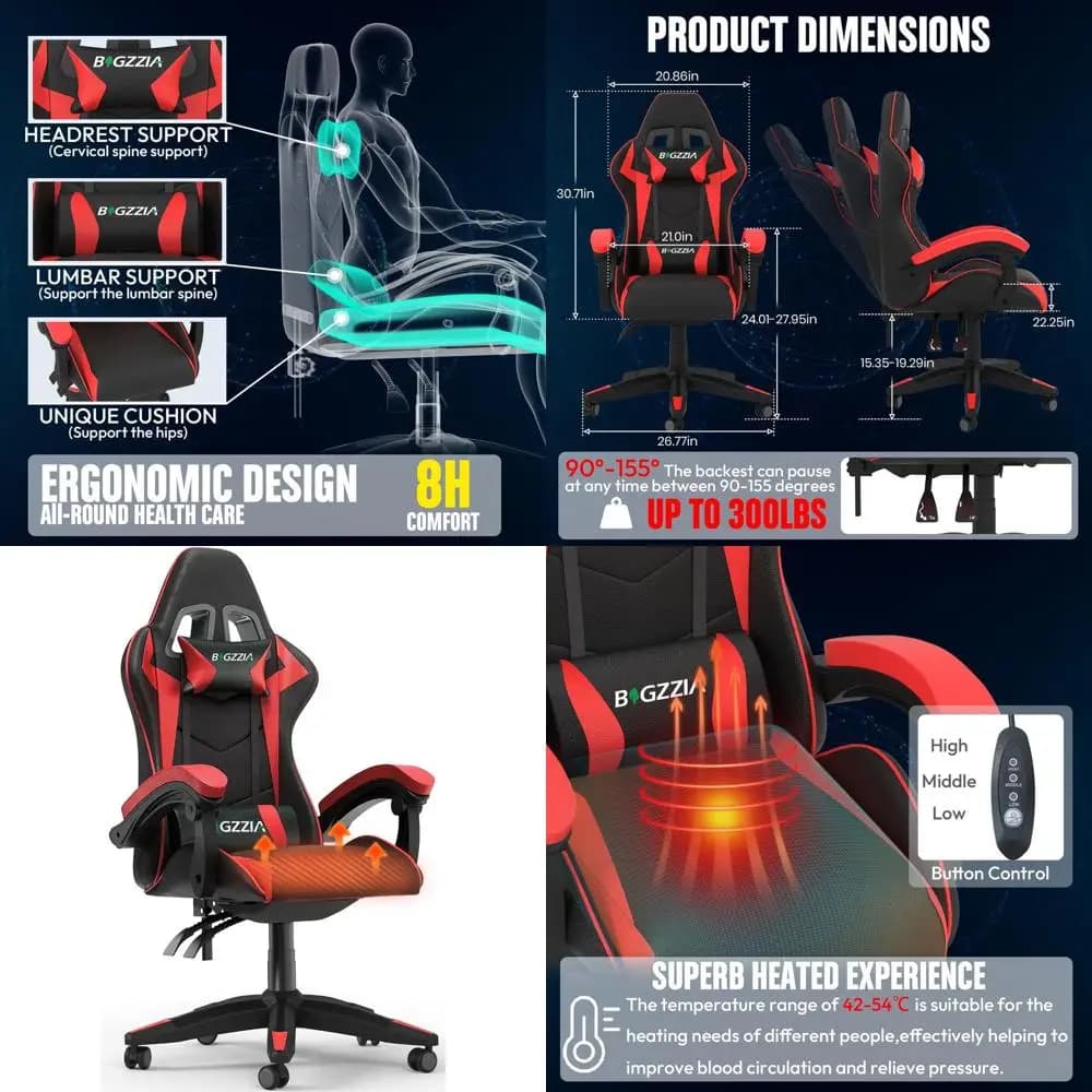 Sedia da Gaming Ergonomica con Cuscino Riscaldato, Supporto Lombare e Rotazione a 360° ° Sedia Girevole per Adulti in Rosso