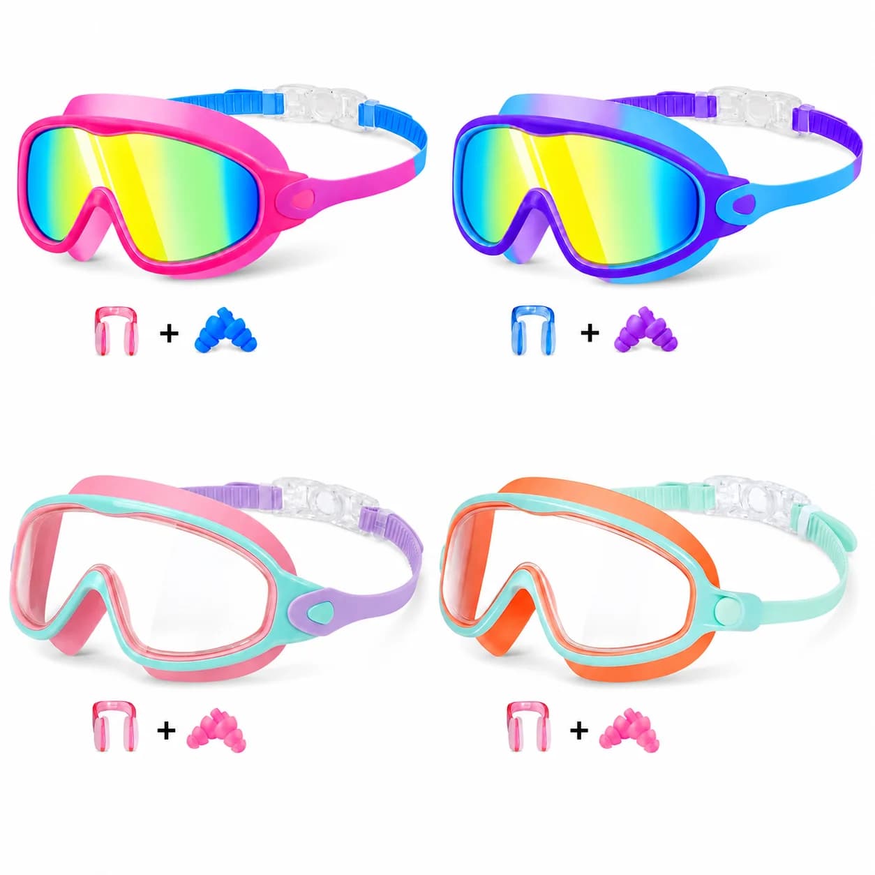 GMOX Kids Swim Goggles with Earplugs Nose Clip Anti-Fog No Leak UV Protection Wide View Swimming Goggles for Boys Girls Age 3-15