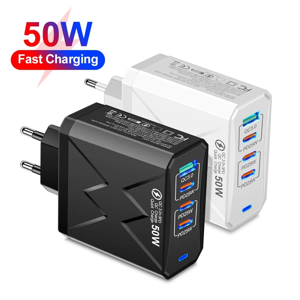 50W USB C Fast Charger 4-Port 1USB-A 3Type-C PD QC3.0 Wall Adapter for iPhone Samsung Xiaomi Huawei EU US UK KR Travel Charger