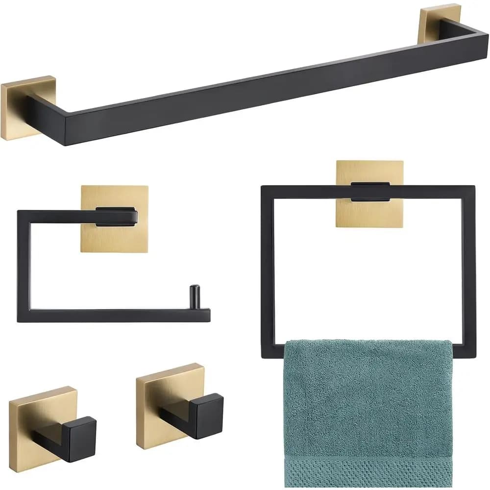 Elegante set di accessori da bagno nero e oro a 5 pezzi con portasciugamani da parete da 23,6 cm