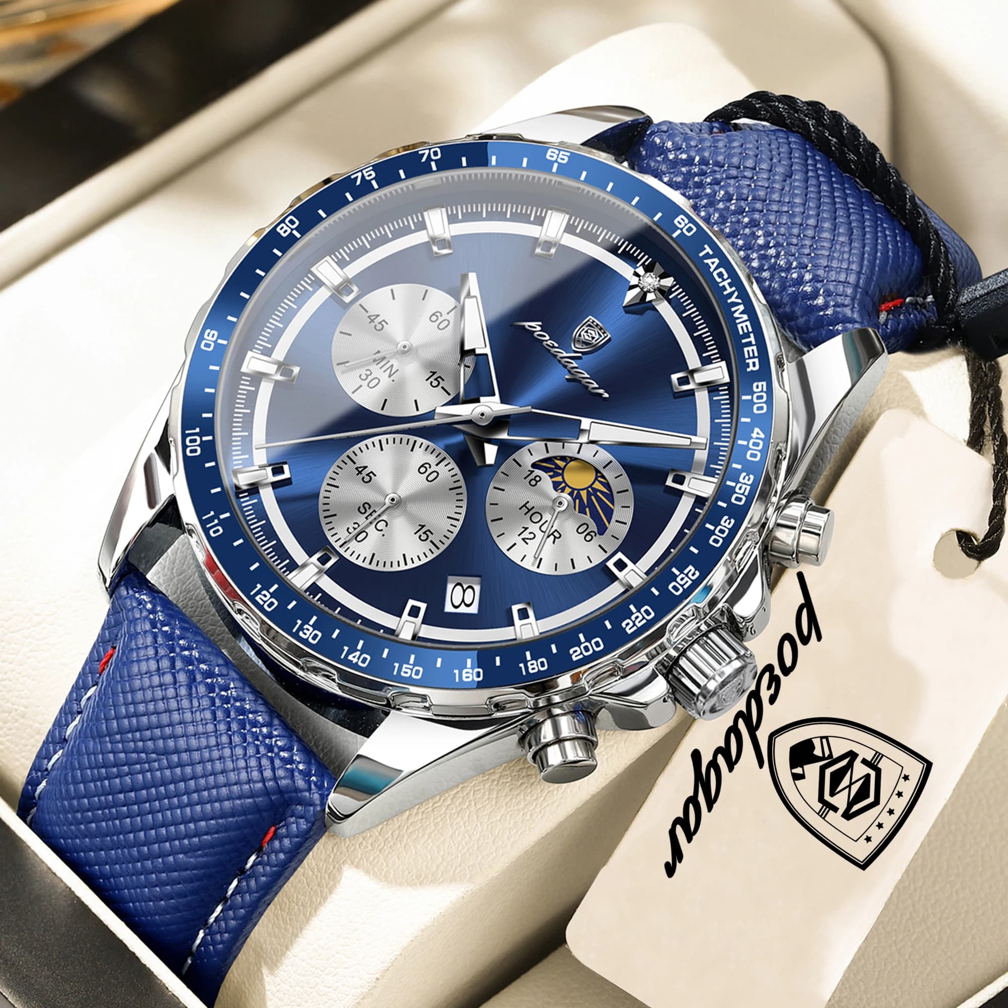 POEDAGAR Orologio da Polso Originale da Uomo, Luminoso, Impermeabile, Cronografo con Data, Cinturino in Pelle, Orologio al Quarzo Sportivo alla Moda
