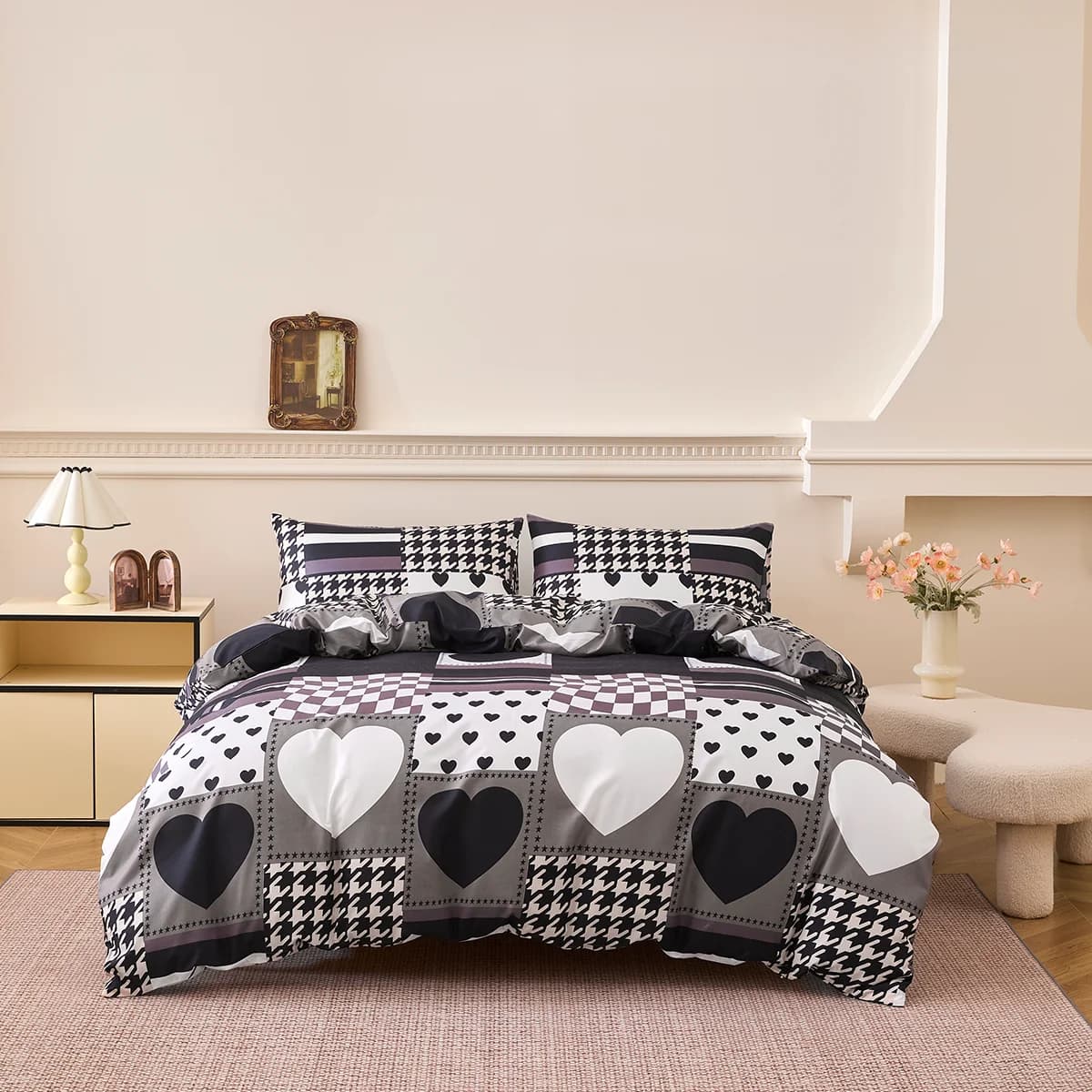 Set White and Black Quadri Cover with 1 Federa Copripiumino + 2 Faithful Bearing, Set Modern Bed Linen Simple in Breathable Polyester Soft Four Seasons