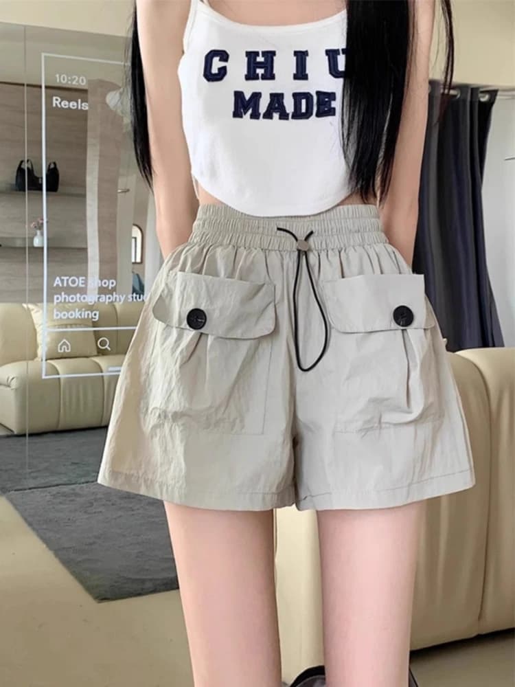 Pantaloncini da Lavoro in Seta Ghiaccio a Rapida Asciugatura da Donna, Estivi, Sottili, Larghi, a Gamba Dritta, Casual, con Design Moderno e Doppio Tasche