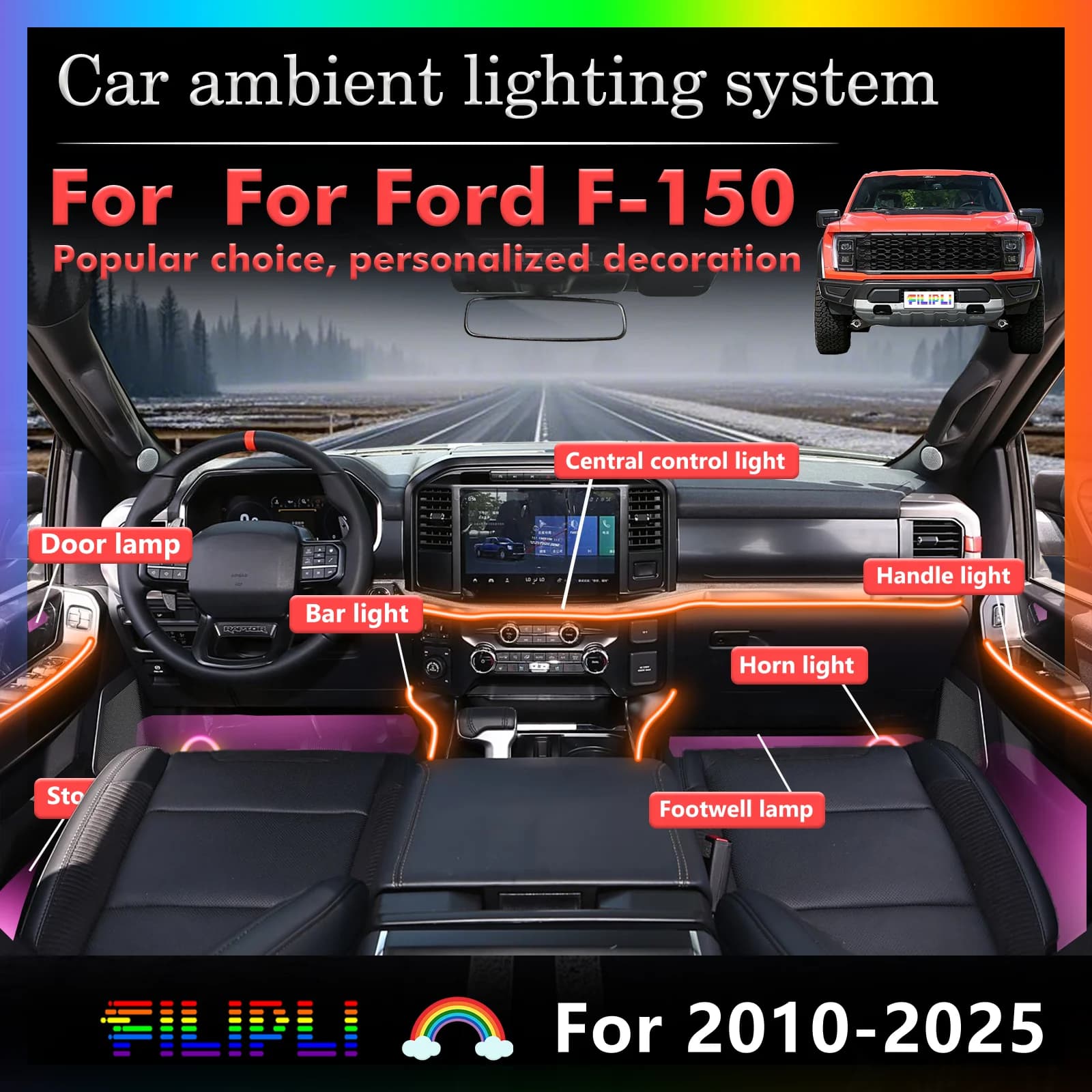 Kit 24 in 1 per Ford F-150 Raptor P415 P552 P702, Luci Ambientali LED per Auto, Illuminazione Atmosferica Colorata, Strisce Neon per Interni Auto, 64 RGB con APP