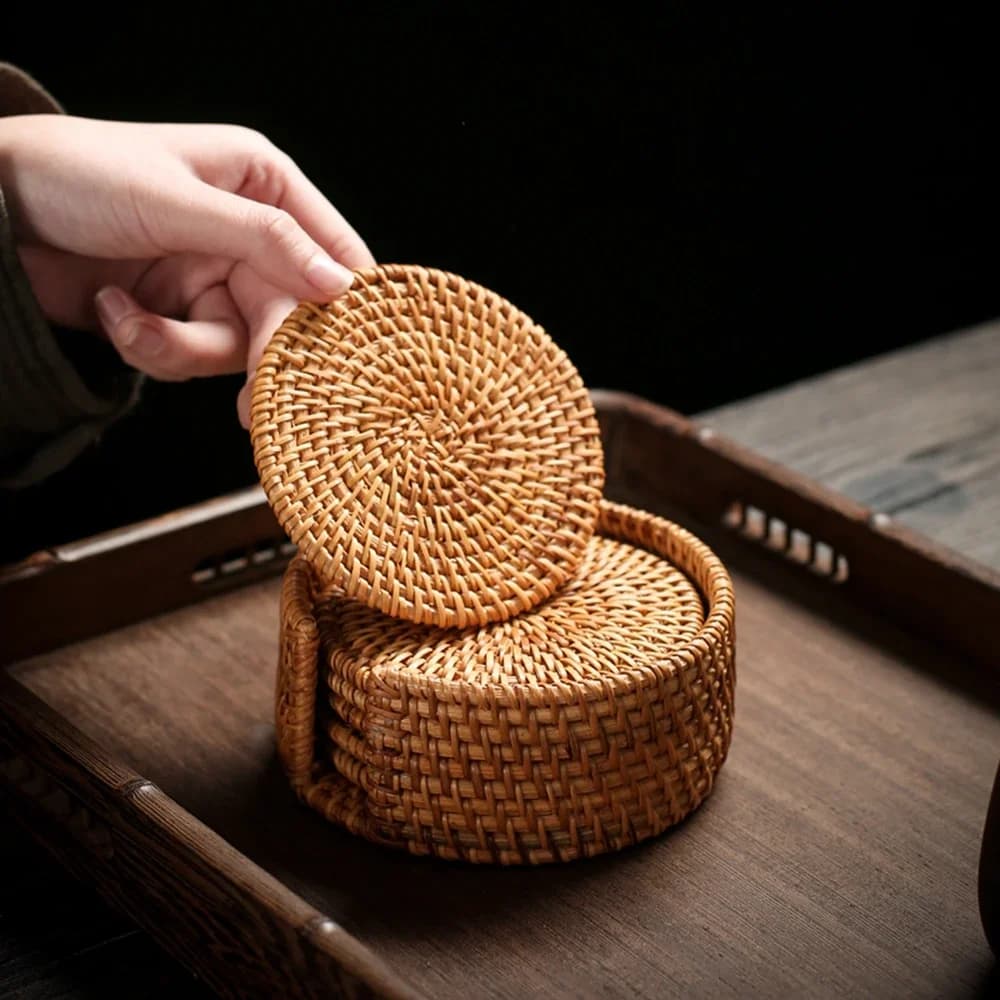 Sottobicchieri per bevande in Rattan da 6 pezzi con portaoggetti portaoggetti-tappetino protettivo, salvaspazio e decorativo per soggiorno, K