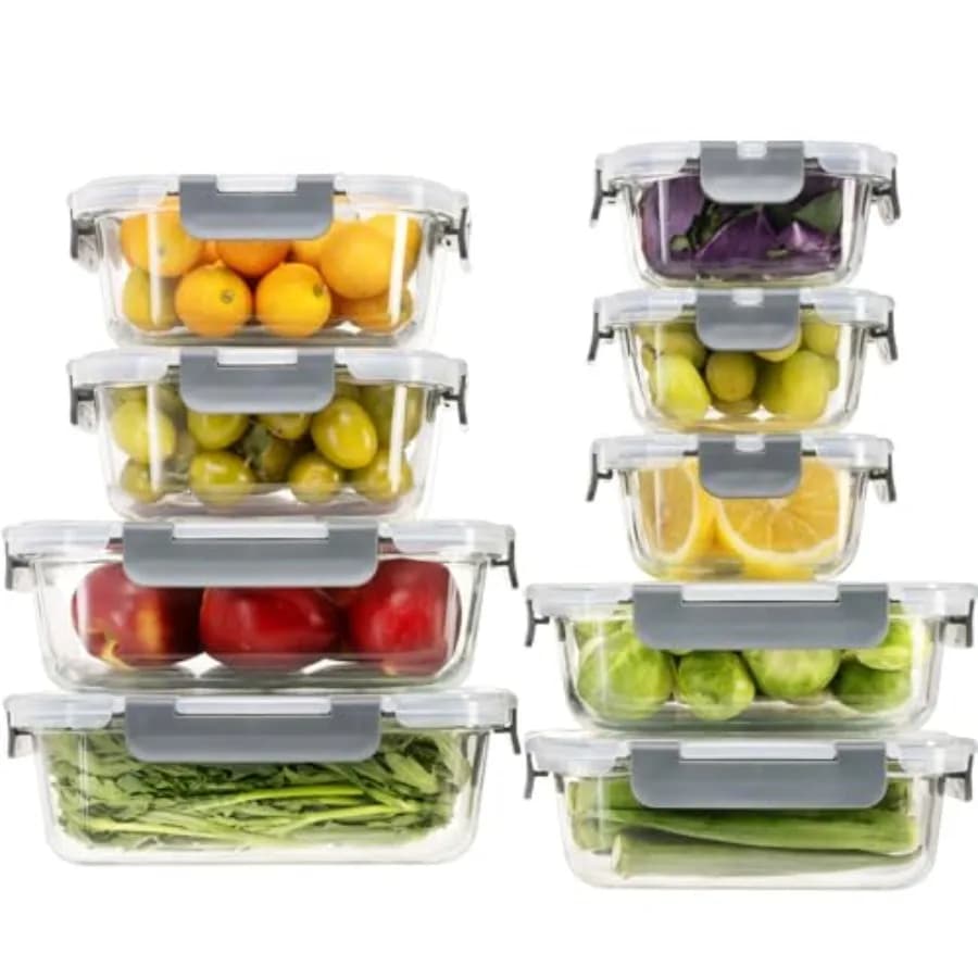Set di 18 Contenitori in Vetro per Alimenti con Coperchi Ermetici, Contenitori in Vetro per Preparazione Pasti, Set di Contenitori in Vetro per Cucina