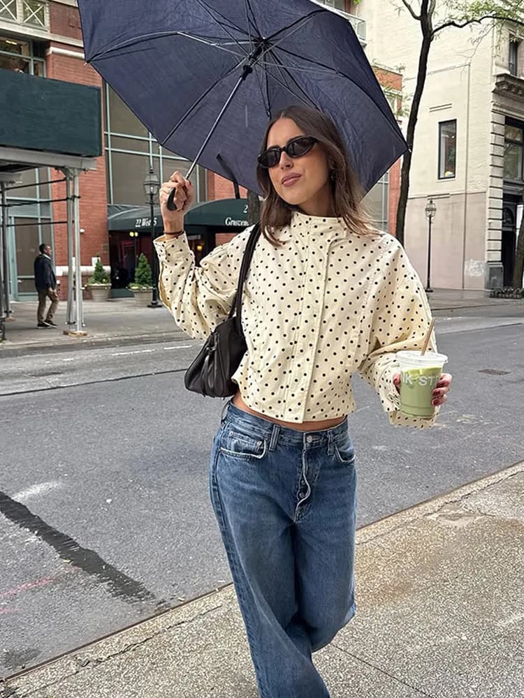 Elegante giacca corta stampata a pois solidi cappotti da donna manica lunga collo alto abiti 2025 New Lady High Street Office Wear