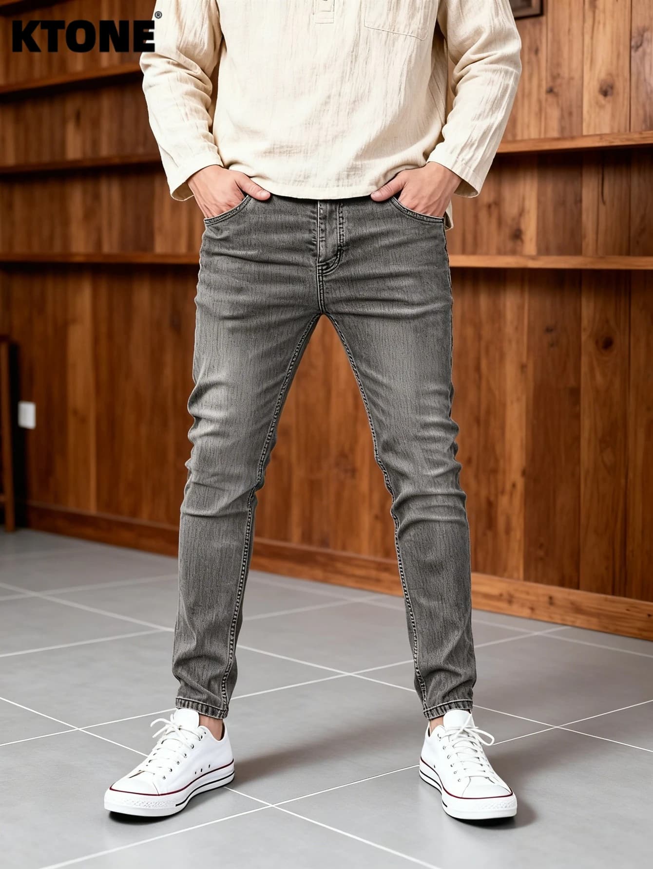 Jeans Slim Moderni Grigi Y2K da Uomo, Pantaloni in Denim Originali alla Moda per Uso Quotidiano, Senza Accessori o Cinture Inclusi