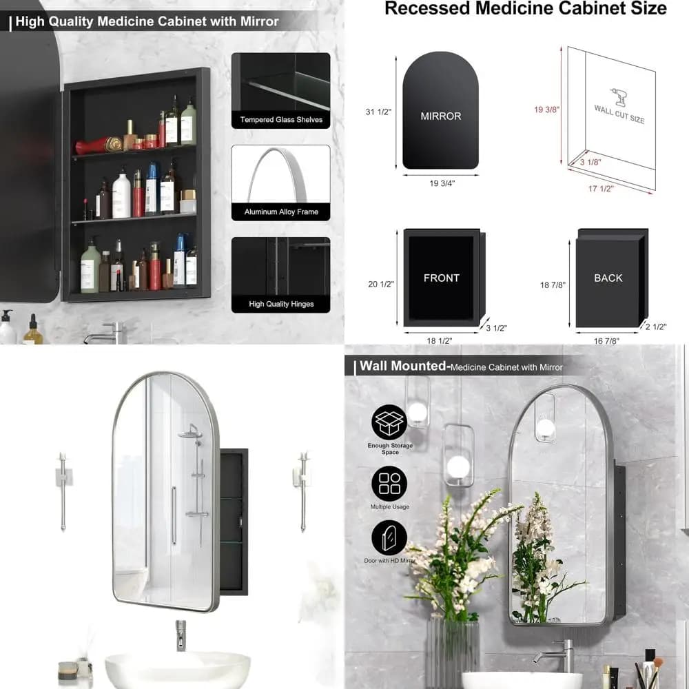 Armadietto a Specchio Curvo 20x31 Pollici - Mobiletto da Bagno Incassato in Metallo, Finitura Nichel Oliato, Resistente alla Ruggine, Regolabile