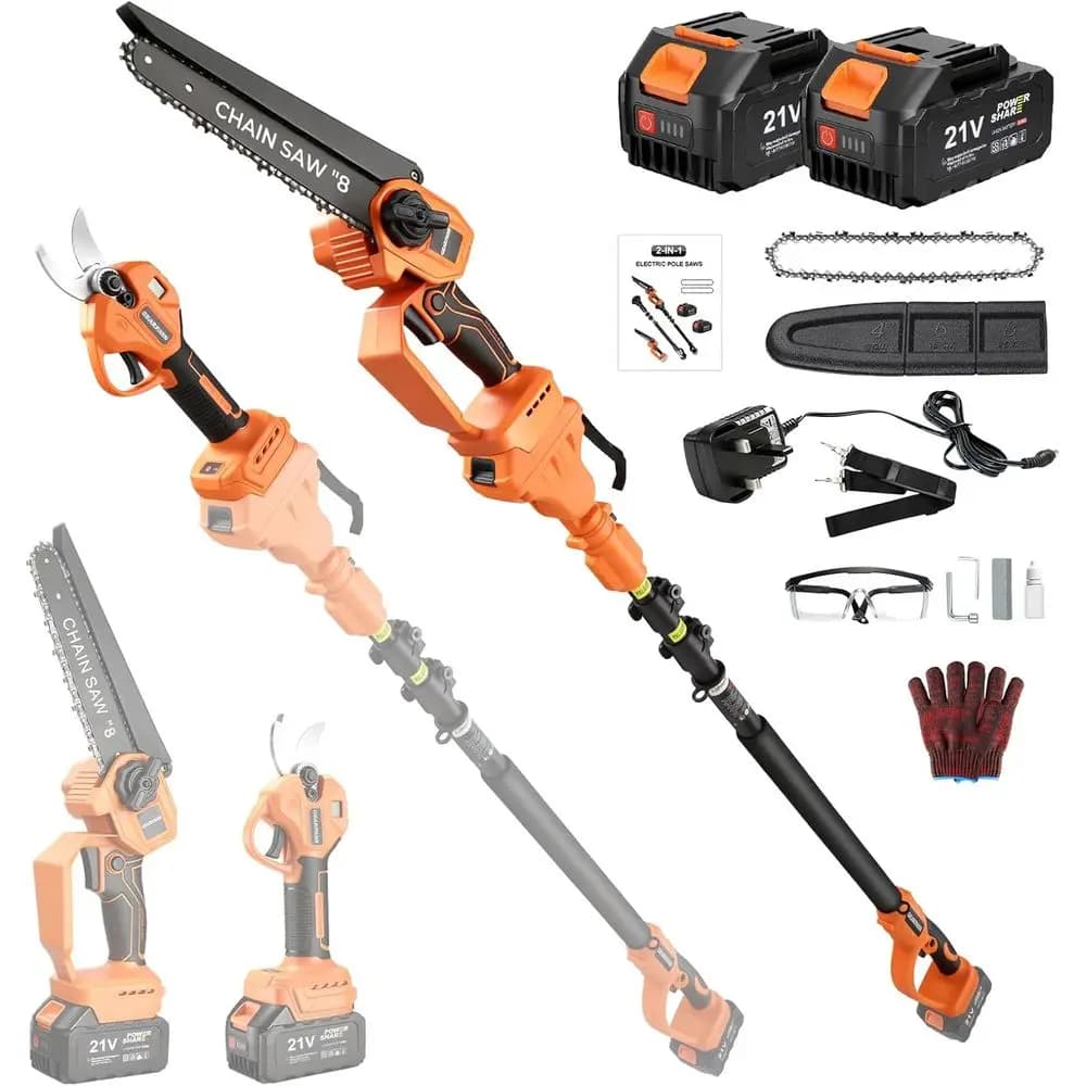 4 in 1, mini 8" chain saw and electric shears with brushless motor, automatic lubrication, rod with a capacity of 15 feet