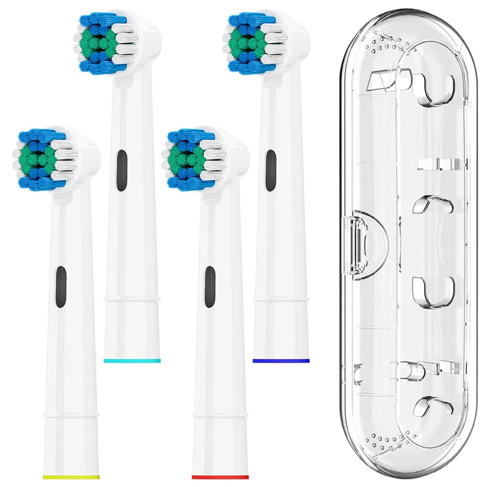 4x Replacement Heads and Transparent Travel Case for Brushes Compatible with Oral B Electric Toothbrush, for Pro 1000/100/1500